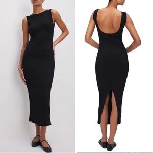 Good American Shine Rib Sleeveless Maxi Dress Sz S Black LBD Cocktail New Years